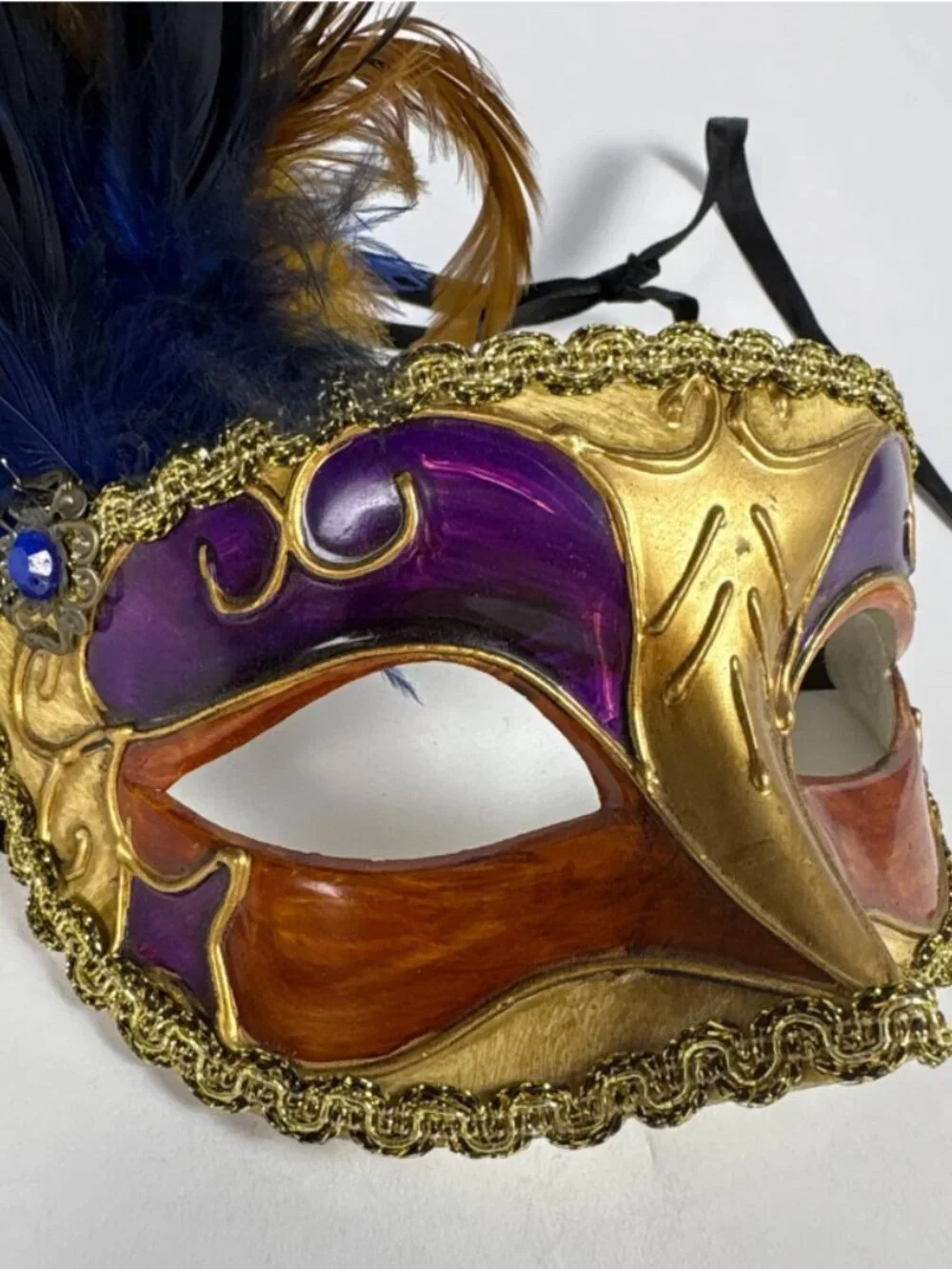 Vintage Mardi Gras Feather Mask | Hand Painted Paper Mâché Masquerade Mask
